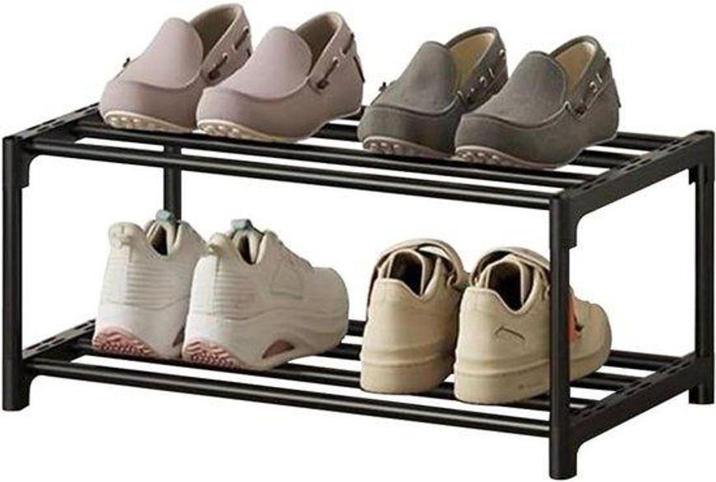 Schwarzes 2-stufiges Schuhregal, rostfrei, kompakt, stapelbar