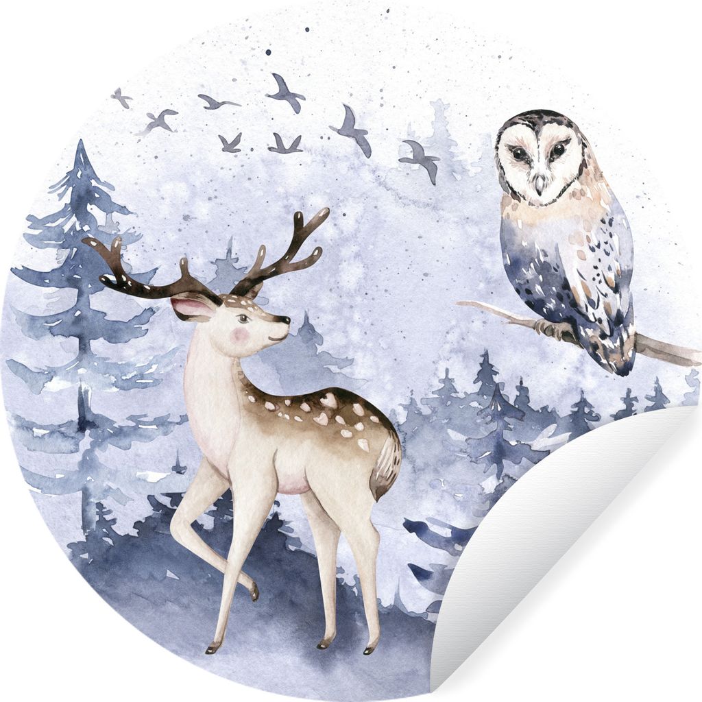 MuchoWow Runde Wandtattoo - Wandsticker Tapete Aufkleber Winter - Rotwild - Eule Ø 30 cm Selbstklebend und Repositionierbar - Wandaufkleber - Kr...