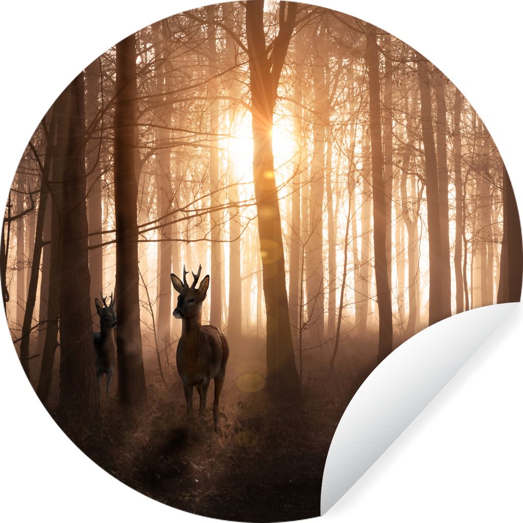 MuchoWow Runde Wandtattoo - Wandsticker Tapete Aufkleber Wald - Hirsche - Sonne - Bäume - Winter - Natur - Tiere Ø 100 cm Selbstklebend und Rep...