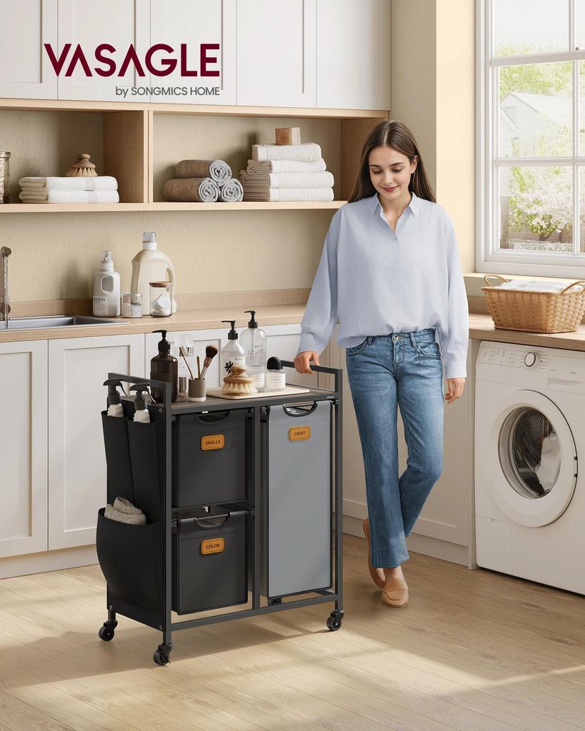 Wäschesortierer - Rollwagen mit 3 Fächern - Fassungsvermögen 100 L - Mit Rollen - Ablage oben - Seitentaschen - Montage erforderlich - Kastanien...