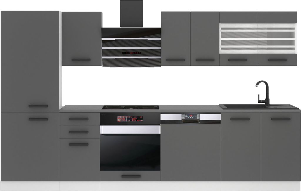 Belini Küchenzeile Küchenblock Cindy - Küchenmöbel 300 cm Einbauküche Vollausstattung ohne Elektrogeräten mit Hängeschränke und Unterschrä...