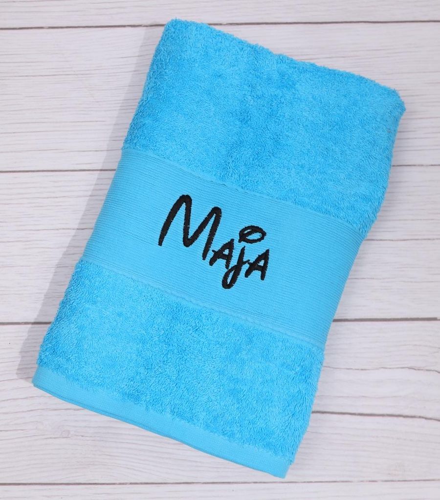 Personalisiertes Duschtuch 70 x 140 cm mit Namen und Wunschtext – besticktes Handtuch Turkis mit Bordüre, 500 g/m²