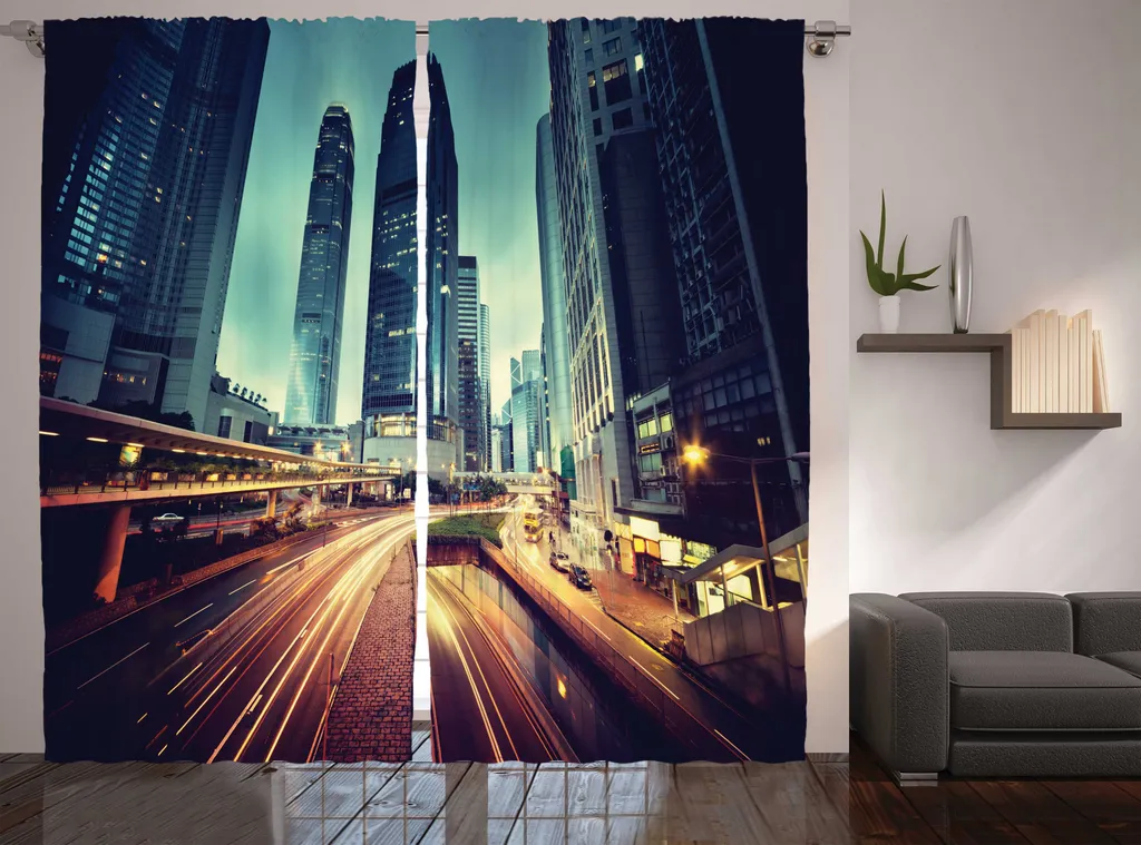 Rideau Rustique Jaune Orange Trafic Hong Kong avec Crochets 280x225cm