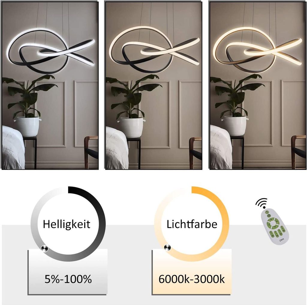 ZMH LED Pendelleuchte Wohnzimmer Schwarz Hängelampe Produktbild 4