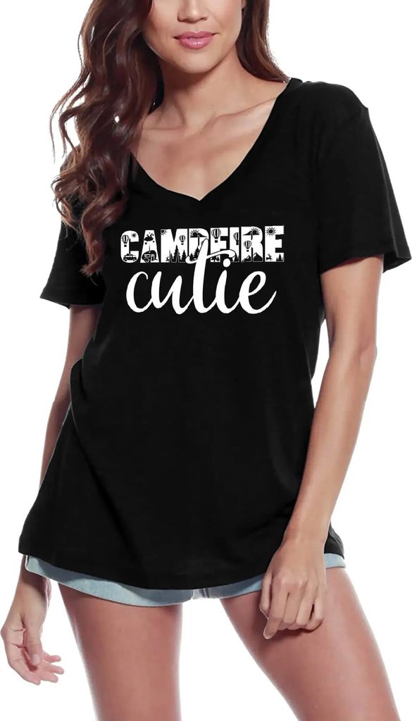 Damen Grafik T-Shirt V-Ausschnitt Lagerfeuer-Süßigkeit - Lager – Campfire Cutie - Camp – Öko-Verantwortlich Vintage Jahrgang Kurzarm Lustige...