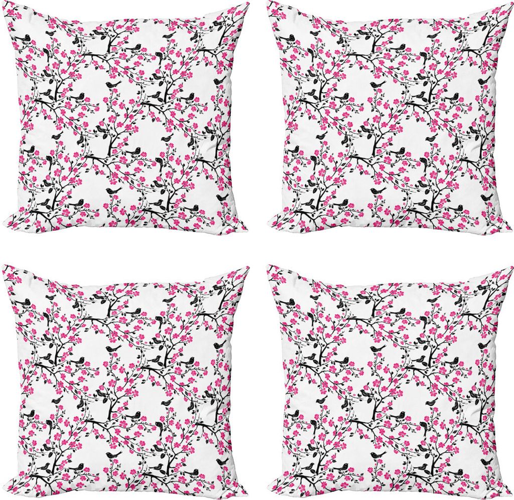 ABAKUHAUS Kirschblüte Kissenbezug Set (4 Stück), Sakura-Baum-Vogel, Moderner Doppelseitiger Digitaldruck, 50 cm x 50 cm, Schwarz-Pink-Weiß