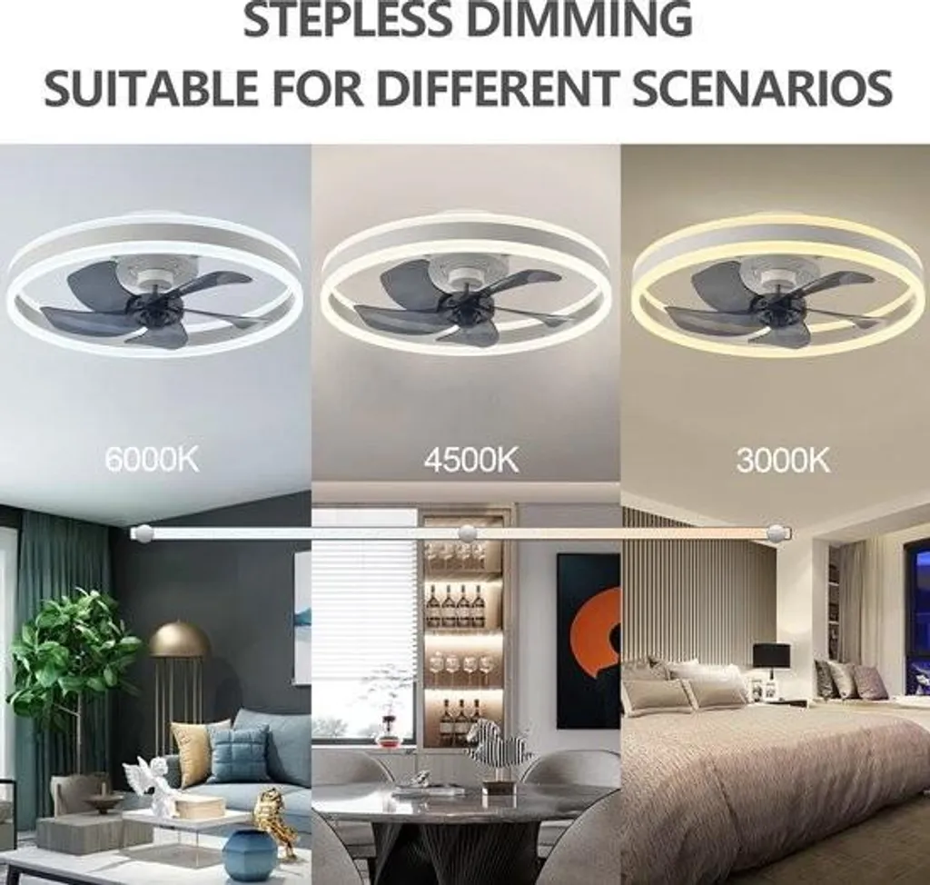 Ventilateur de plafond Intelligent Dimmable Noir 6 Modes Ventilation