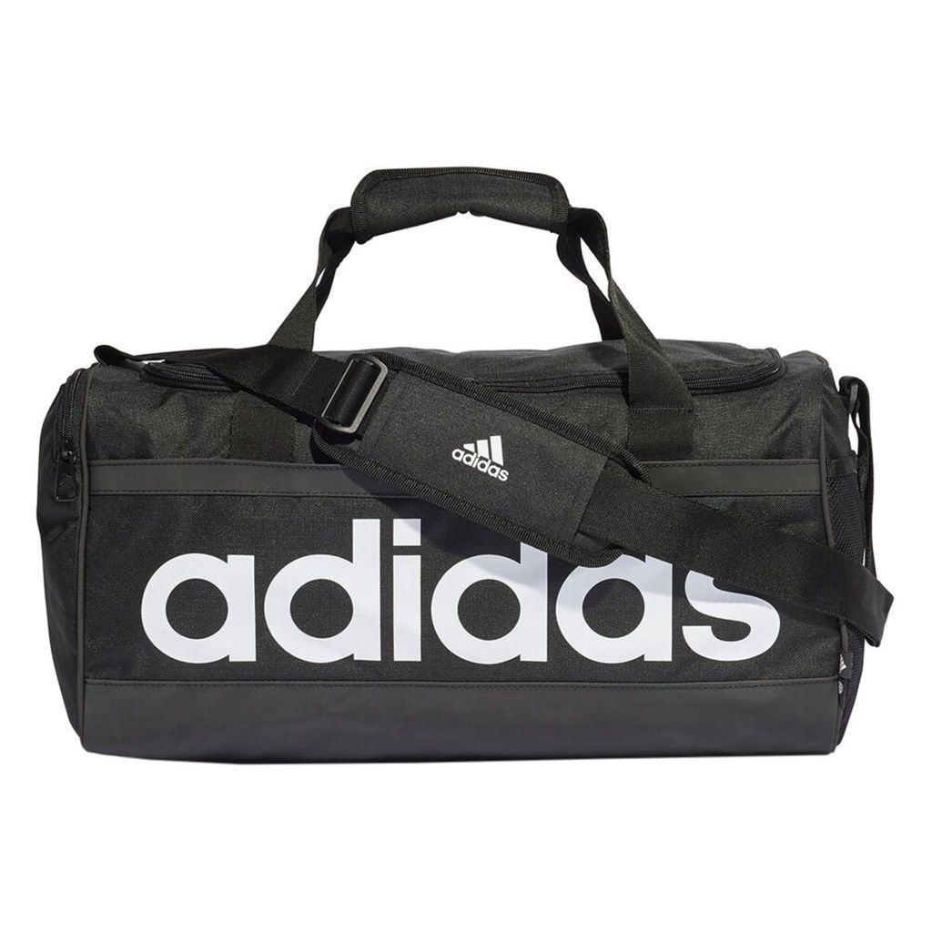 A black Adidas duffel bag with white Adidas lettering across the front.