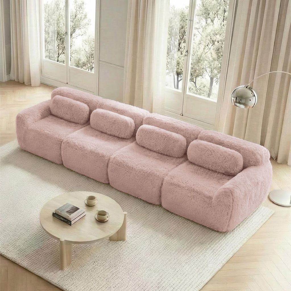 MODFU 4-Sitzer Ecksofa,Modulares Sofa mit Geschwungene,ohhne Ottoman,Relaxsofa mit Rutschfester Boden & Kissen,Plüschstoff,Rosa