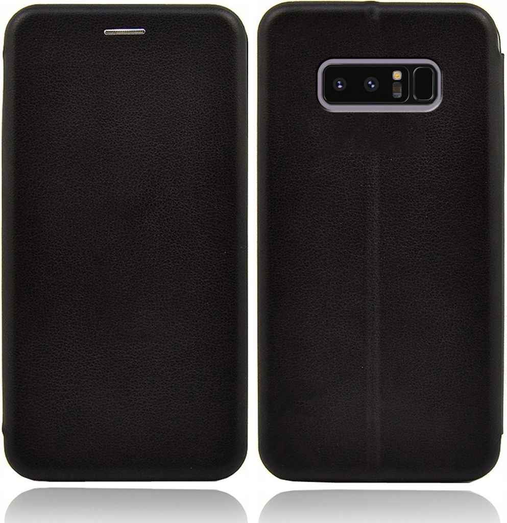 A black flip case for a Samsung Galaxy Note 8 is shown from the front and back.