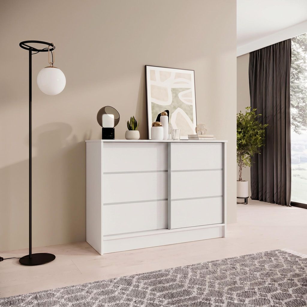 Kommode 100 cm Weiß/Weiß mit 2 Schiebetüren 
Maße:
•	Breite: 101 cm
•	Höhe: 85 cm
•	Tiefe: 43,5 cm
