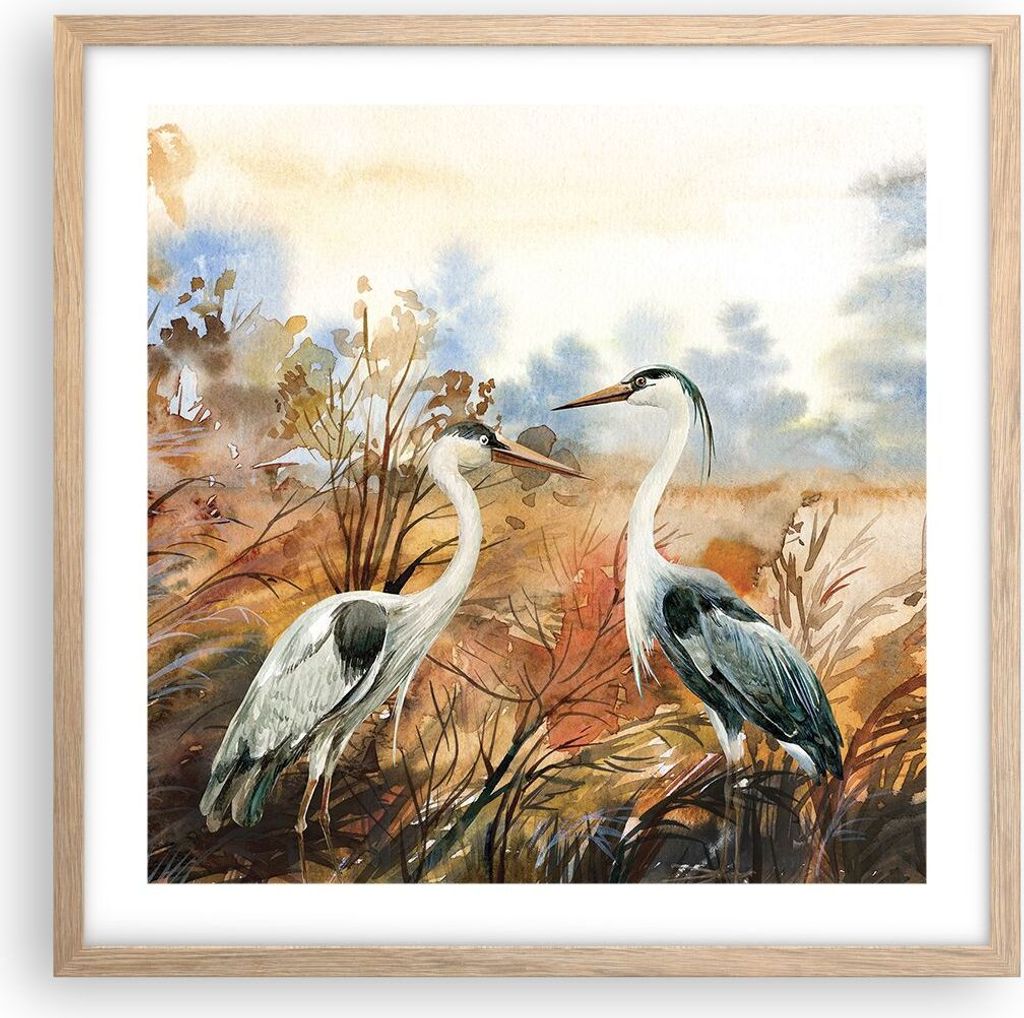 Gerahmtes Poster - Rahmen in heller Eiche - Kraniche Vögel Herbst - 50x50 cm - Wand Bild - Wanddeko - Wandbilder - Kunstposter - Wandposter - Bild...