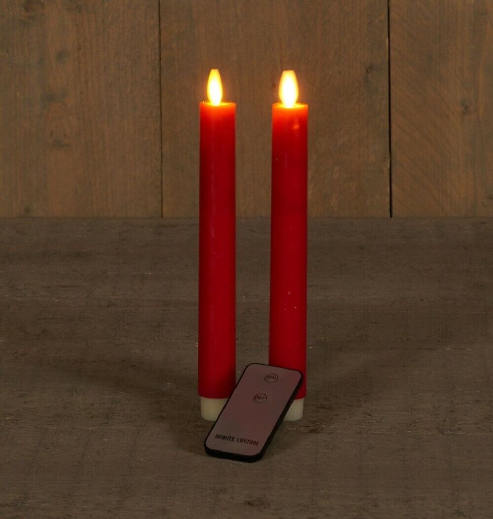 LED Stabkerzen Flamme - Echtwachs - flackernde warmweiße LED - H: 25cm -  Timer - rot - 2er Set