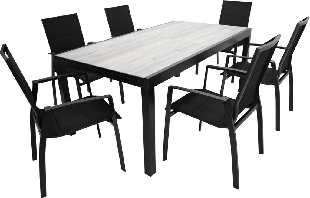TPFGarden GARTEN-GARNITUR Ashford - 7-teilige Garten-Essgruppe (6x Stapelsessel mit Armlehnen, 1x Ausziehtisch 180/240x100cm), Gestell Aluminium an...