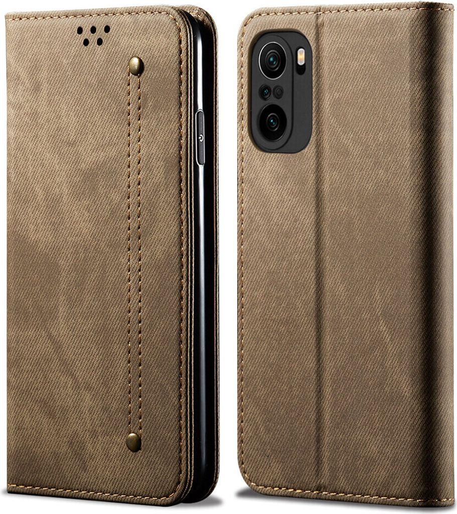 Xiaomi Poco F3 Hülle, LaimTop Denim Leder Brieftasche Magnetverschluss Flip Bookstyle Schutzhülle mit Standfunktion für Xiaomi Poco F3 Khaki