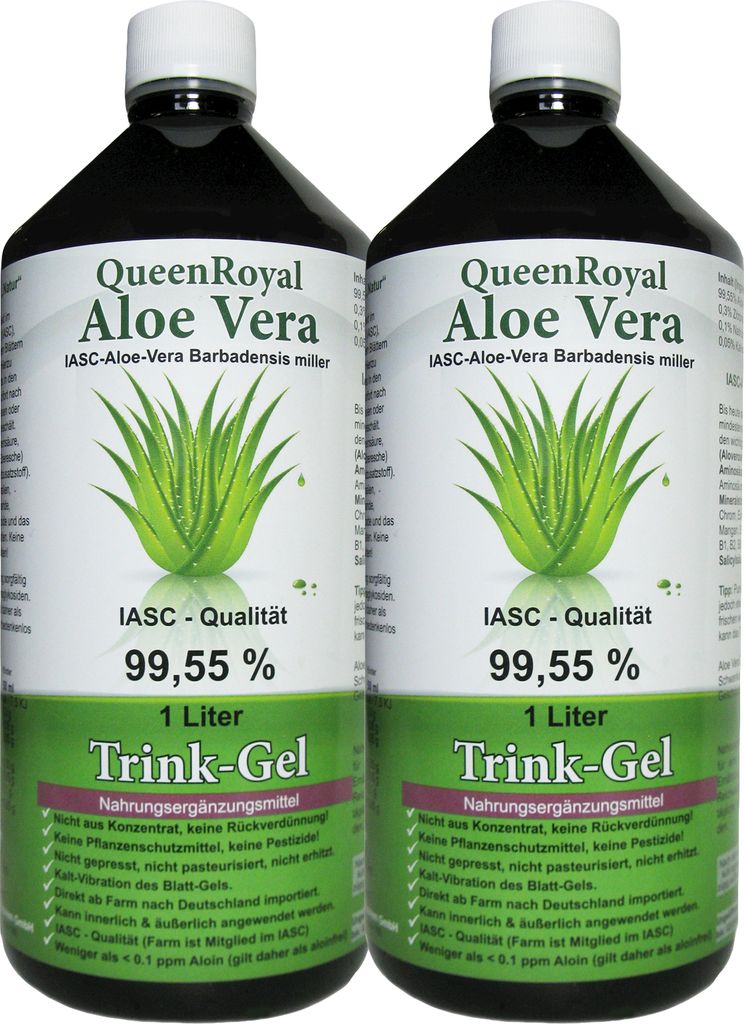 QueenRoyal Aloe Vera Trinkgel 2x 1 Liter Flasche 99.55% Barbadensis Miller Blattgel unverdünnt KEIN Saft KEIN Konzentrat OHNE künstliche Vitamine.