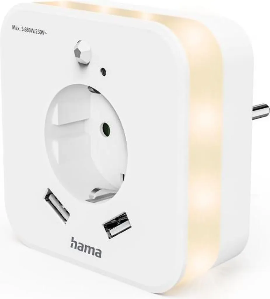 HAMA Luce notturna a LED con presa, 2 uscite USB, rilevatore di movimento, sensore di luce (00223507)
