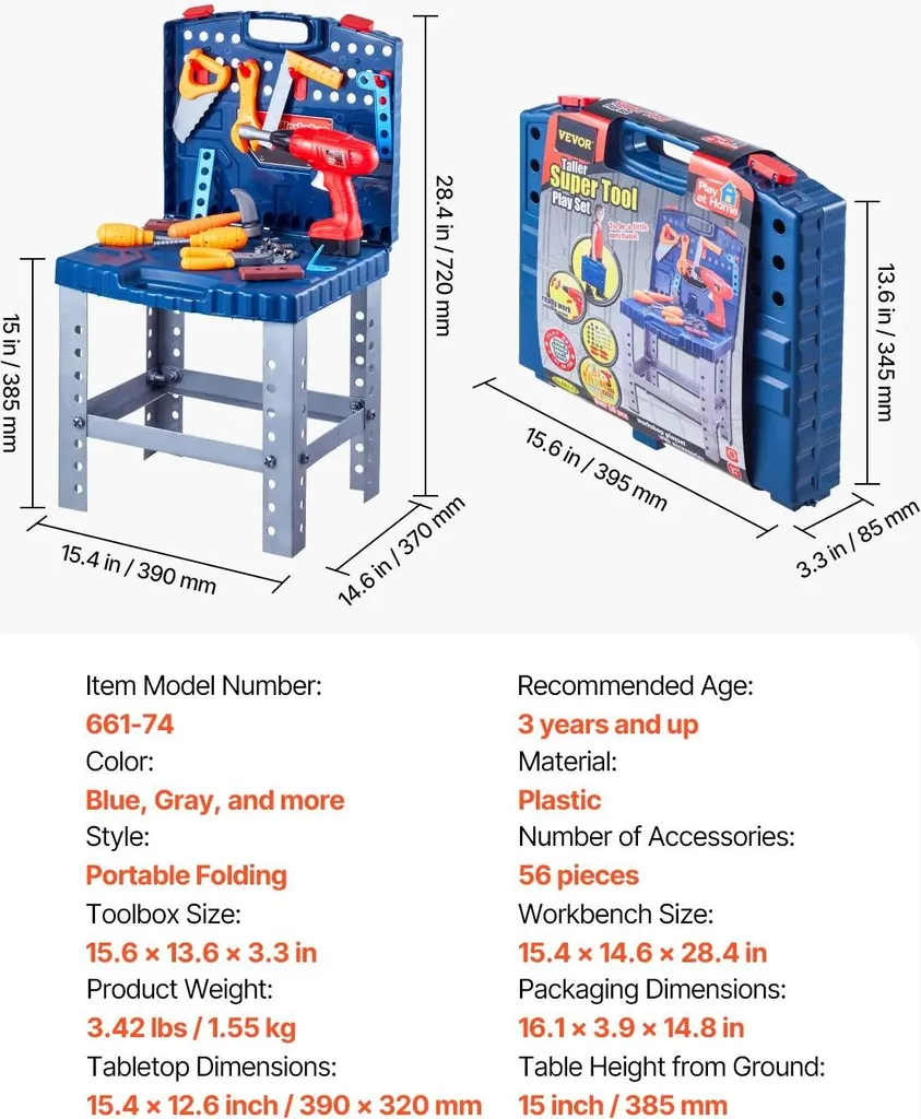 Établi de bricolage complet pour enfant, jeu d'imitation de 56 accessoires