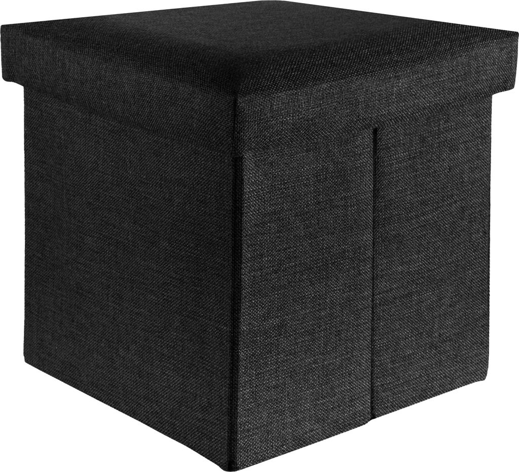 A black fabric cube-shaped ottoman or storage stool is shown against a white background.