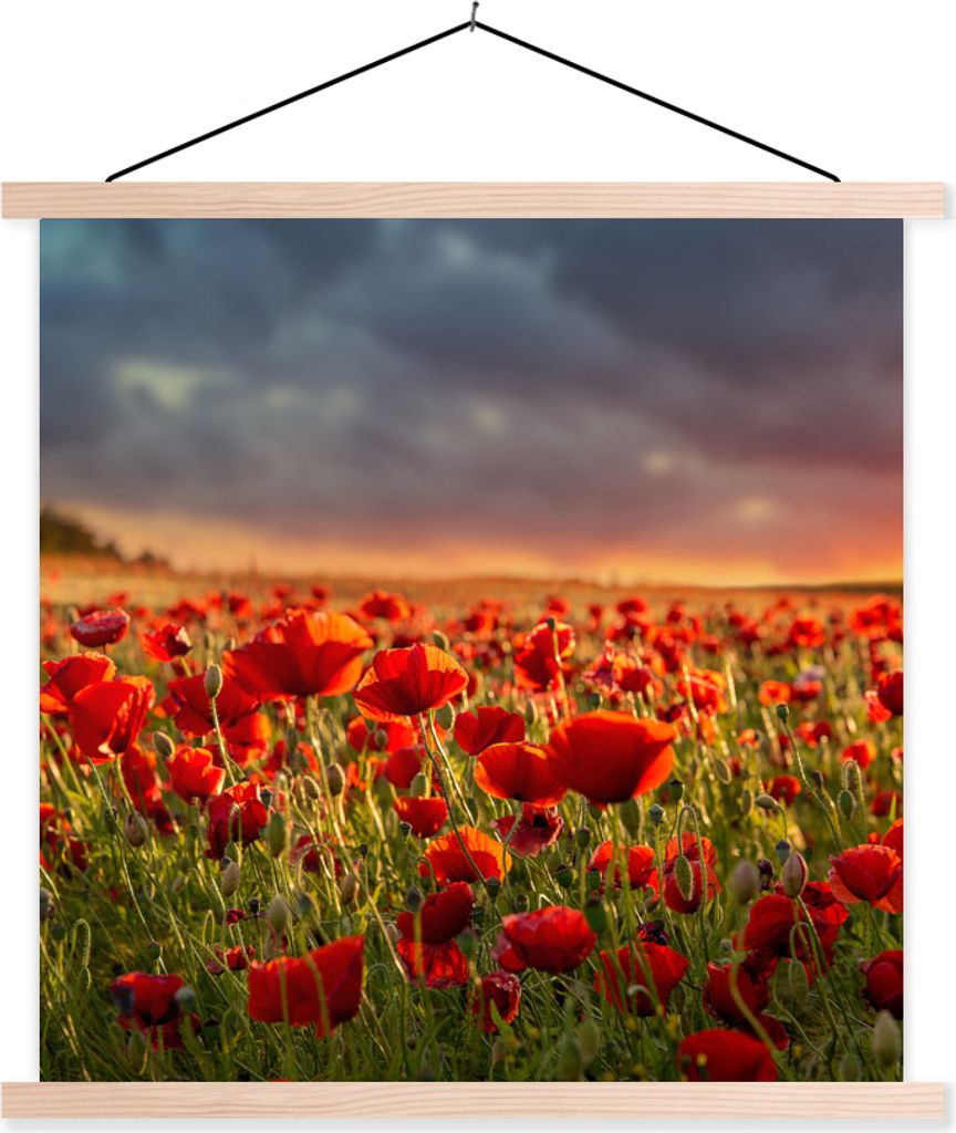 MuchoWow Textilposter Sonnenuntergang über einem Feld von Mohnblumen 60x60 cm mit holzfarbenen Rahmen - Wanddekoration