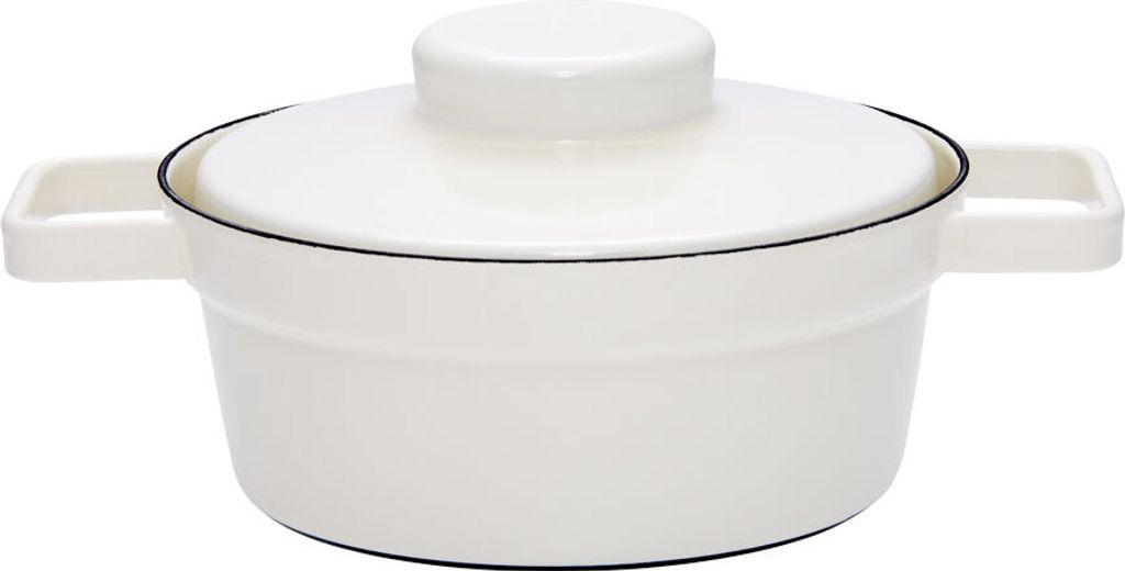 A white enamel pot with a lid and two handles, shown from the front.