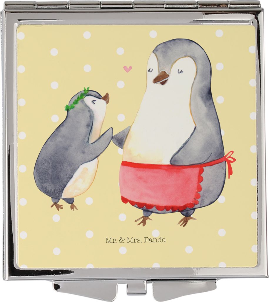 Mr. & Mrs. Panda Kleiner Spiegel Pinguin mit Kind - Gelb Pastell - Geschenk, Handspiegel, Kosmetikspiegel, Klappspiegel, Pinguine, Muttertag, Mom, ...