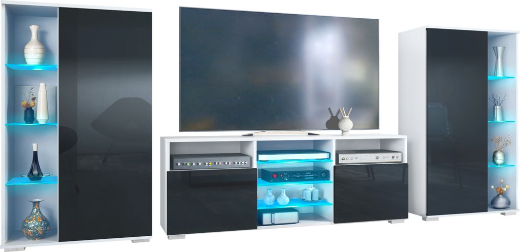Vladon Wohnwand Davos, Anbauwand bestehend aus 2 Vitrinen und 1 TV-Board, Weiß matt/Schwarz Hochglanz inkl. LED-Beleuchtung (329 x 134 x 35 cm)