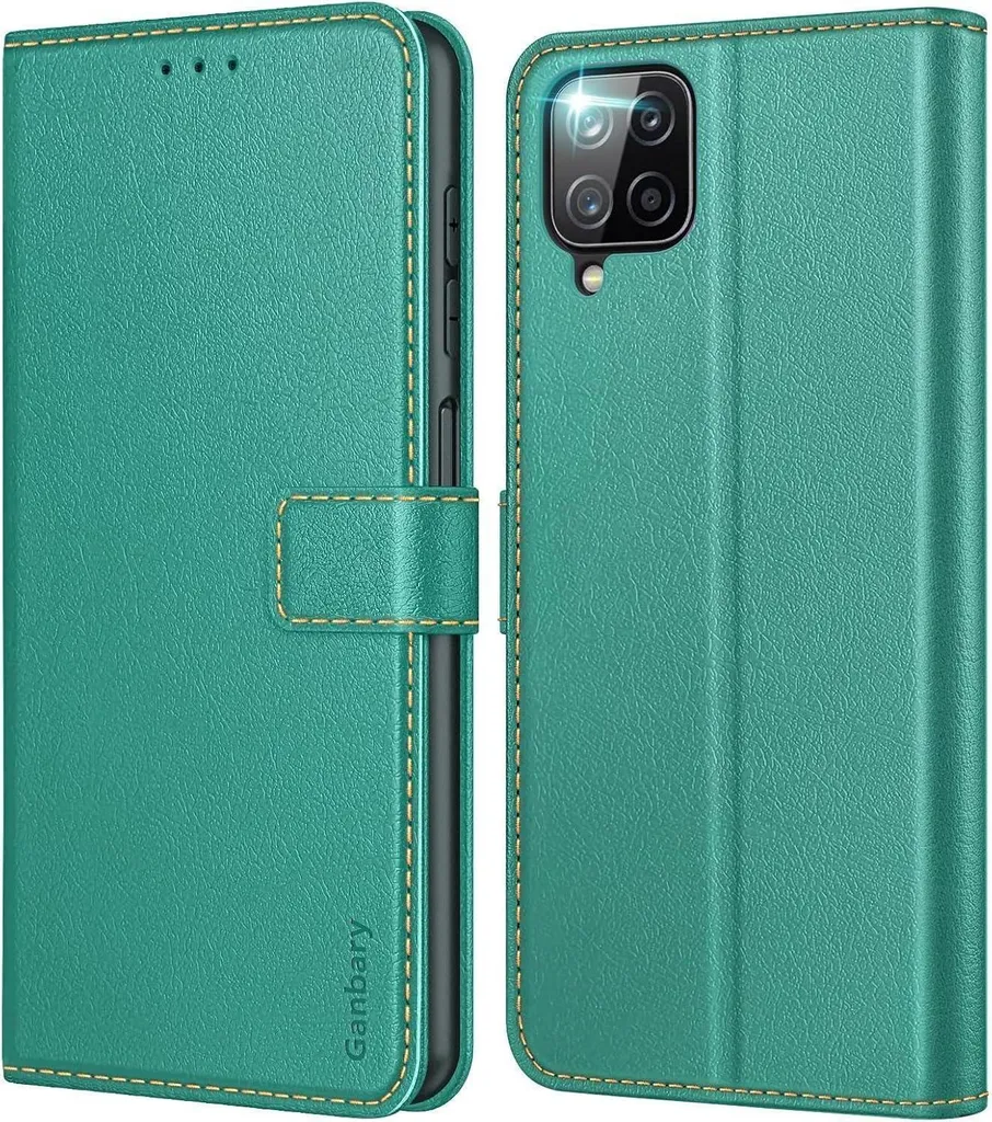 Étui Galaxy A12 avec porte-carte et support vidéo, cuir coloris Bleu Vert