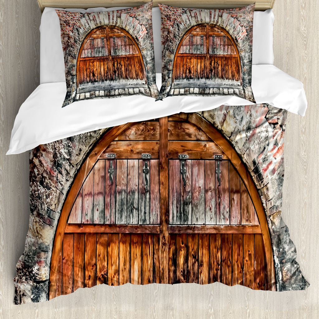 ABAKUHAUS Rustikal Bettbezug, Brick Stein Oval Tor, Milbensicher Allergiker geeignet mit Kissenbezügen, 200 cm x 200 cm - 80 x 80 cm, Grau braun