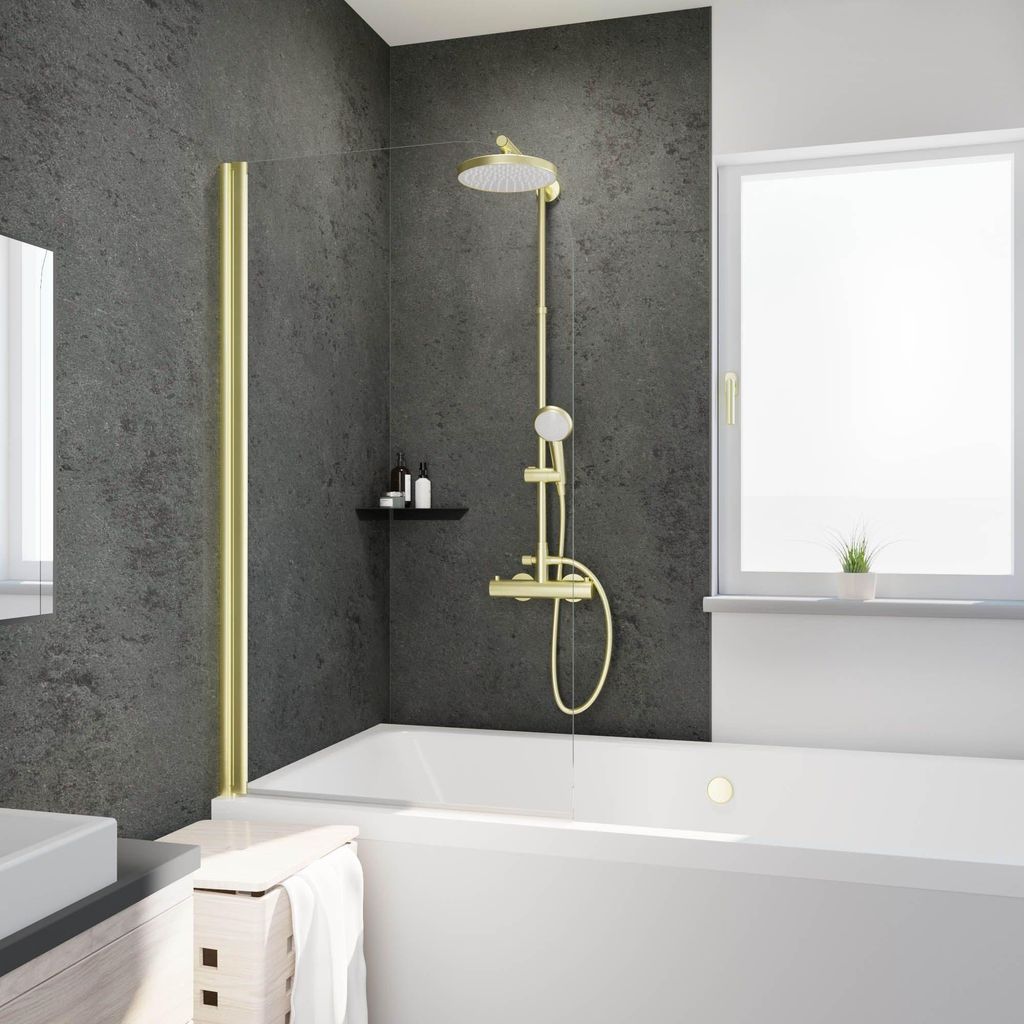 Schulte Duschwand für Badewanne 1-teilig pendelbar, 5mm ESG Sicherheitsglas in Klar hell, Profilfarbe: Gold, Größe: 80 x 140 cm