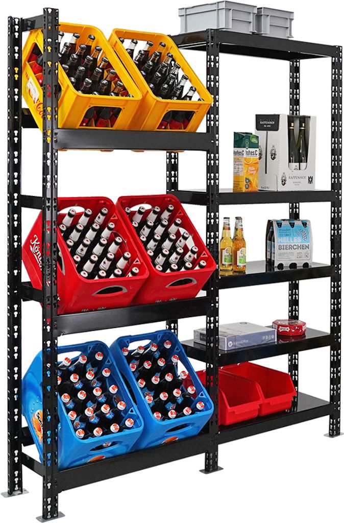 A metal shelving unit filled with crates of bottled drinks.