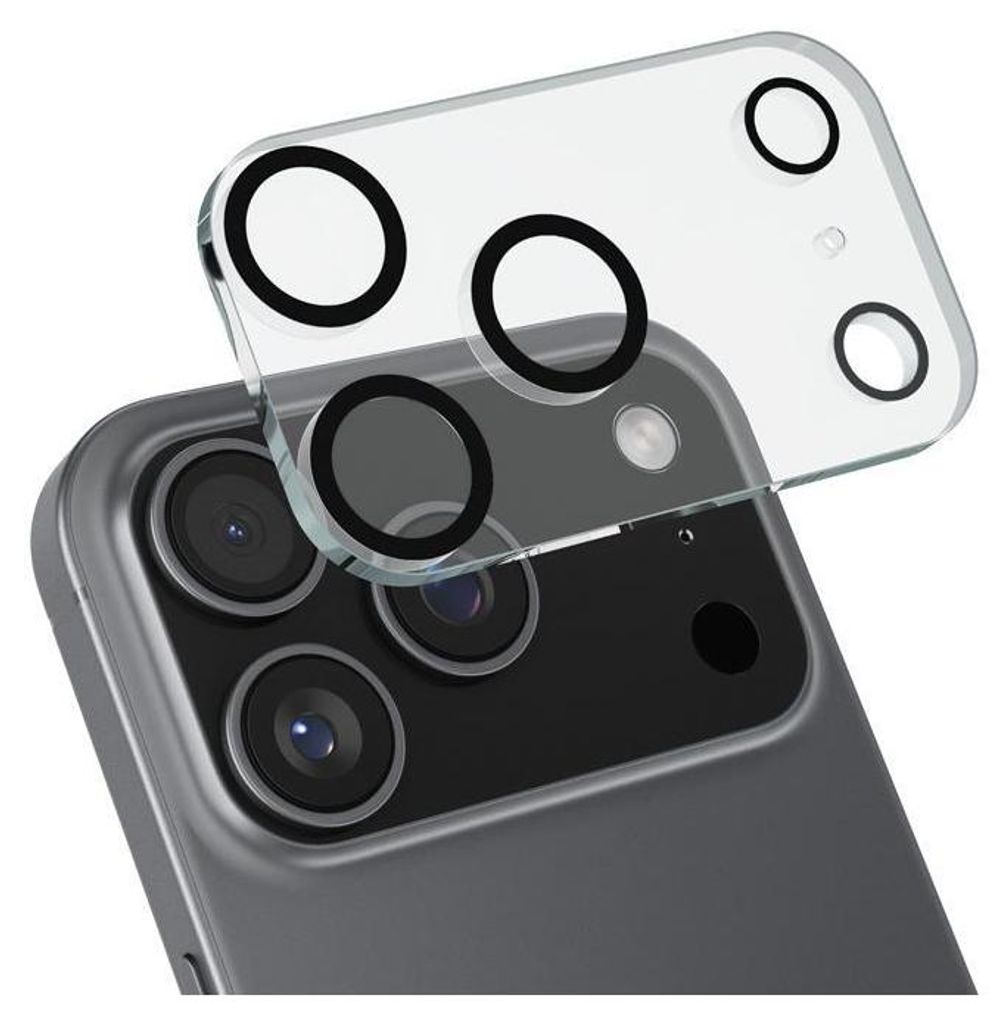 A close-up view of a phone's camera module with a glass lens protector being placed over it.