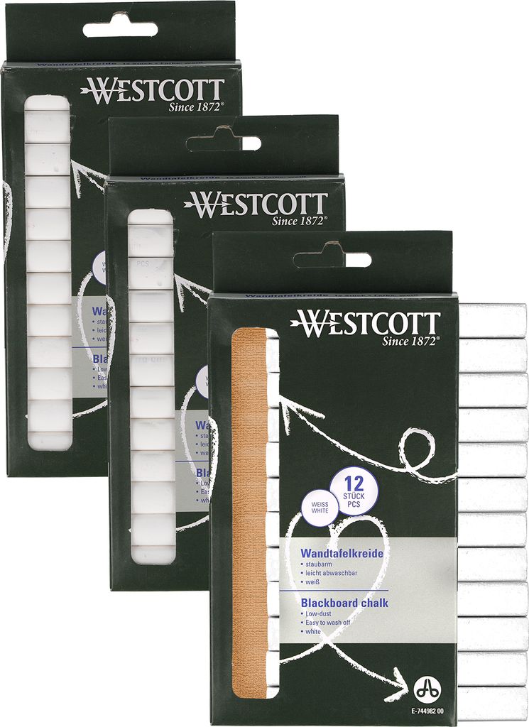 Westcott Kreide 12 Stück Weiss (3er-Set) | 3 x 12er Pack Tafelkreide mit 1,2cm in deckendem Weiss | staubarm & leicht abwischbar | 8,5cm lange...