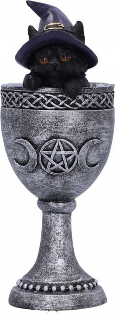 Hexenkätzen mit Okkultem Silber Kelch als Dekofigur 15,7 cm