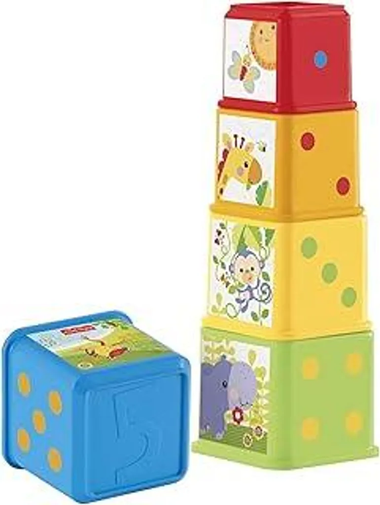 Fisher-Price Stack & Explore Blocks - 5 cubi con strutture, figure, numeri e oggetti da impilare, incastrare e scoprire, per bambini dai 6 mesi in su, CDC52