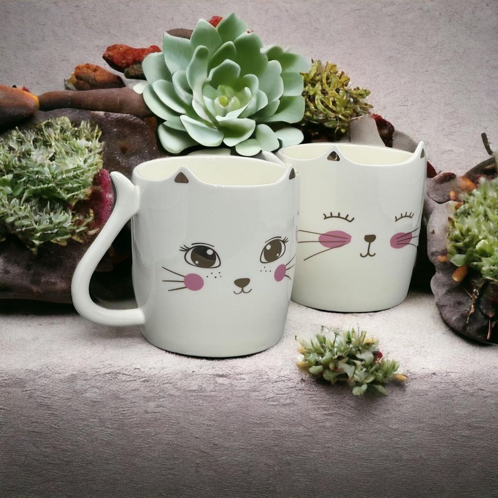 Katzenohren Kaffeetasse - Teetasse für Katzenliebhaber - 350 ml - 9,5 cm Höhe - Katzenkopf und Spruch Katzen Schwanz-Handgriff - Zuhause ist, wo ...
