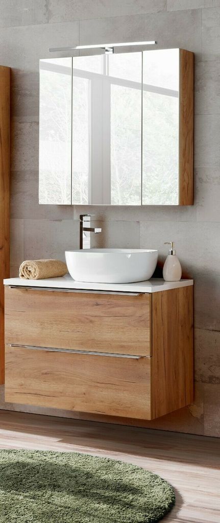 MONTIERT Badmöbel Set CAPRI-B EICHE 80 cm mit Waschbecken LED SOFT-CLOSE Waschbecken Waschbeckenunterschrank Spiegelschrank