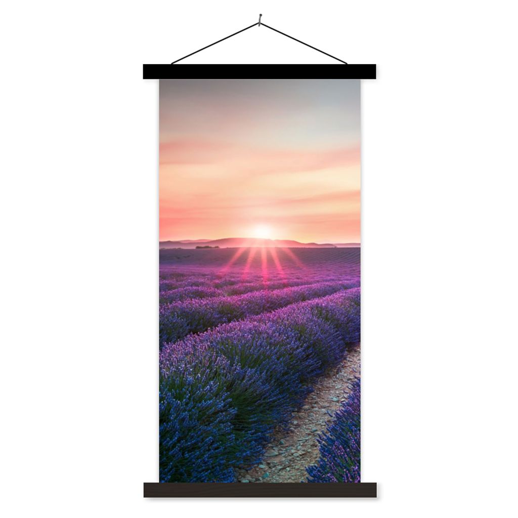 MuchoWow Textilposter Lavendel - Lila - Blumen - Himmel 60x120 cm mit schwarzem Rahmen - Magnete