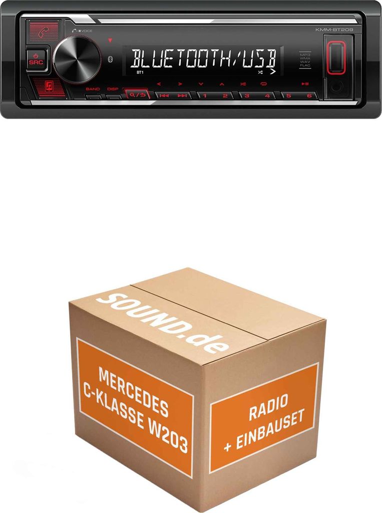Autoradio Einbaupaket Kenwood KMM-BT209 passend für Mercedes C-Klasse W203 + Lenkradfernbedienung Schwarz | Bluetooth USB Telefonieren