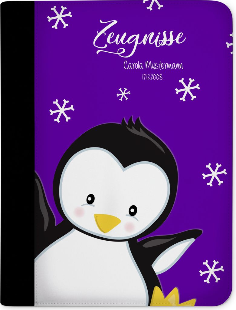 Zeugnismappe, Dokumentenmappe, Ordner A4, Pinguin Lila mit Klarsichthüllen