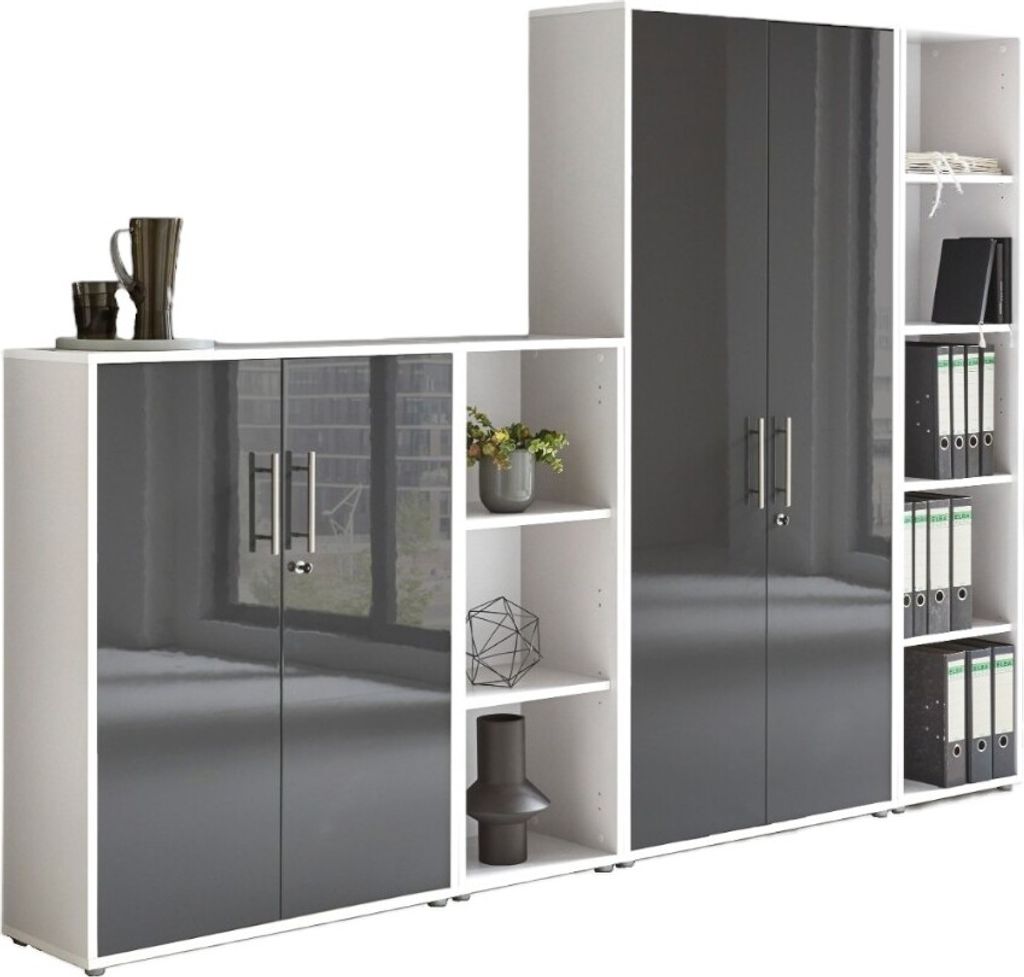 Aktenschrank TABOR 4 in weiß / anthrazit Hochglanz, Schrankwand, Büroschrank, abschließbar, Metallgriffe