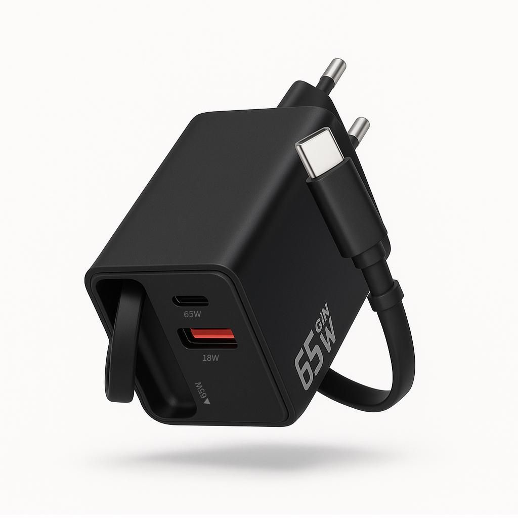 65W USB-C Schnellladegerät mit ausziehbarem Kabel, PD Fast Charger mit USB-C & USB-A Ports – Ladegerät für iPhone, Samsung, Tablet, Laptop