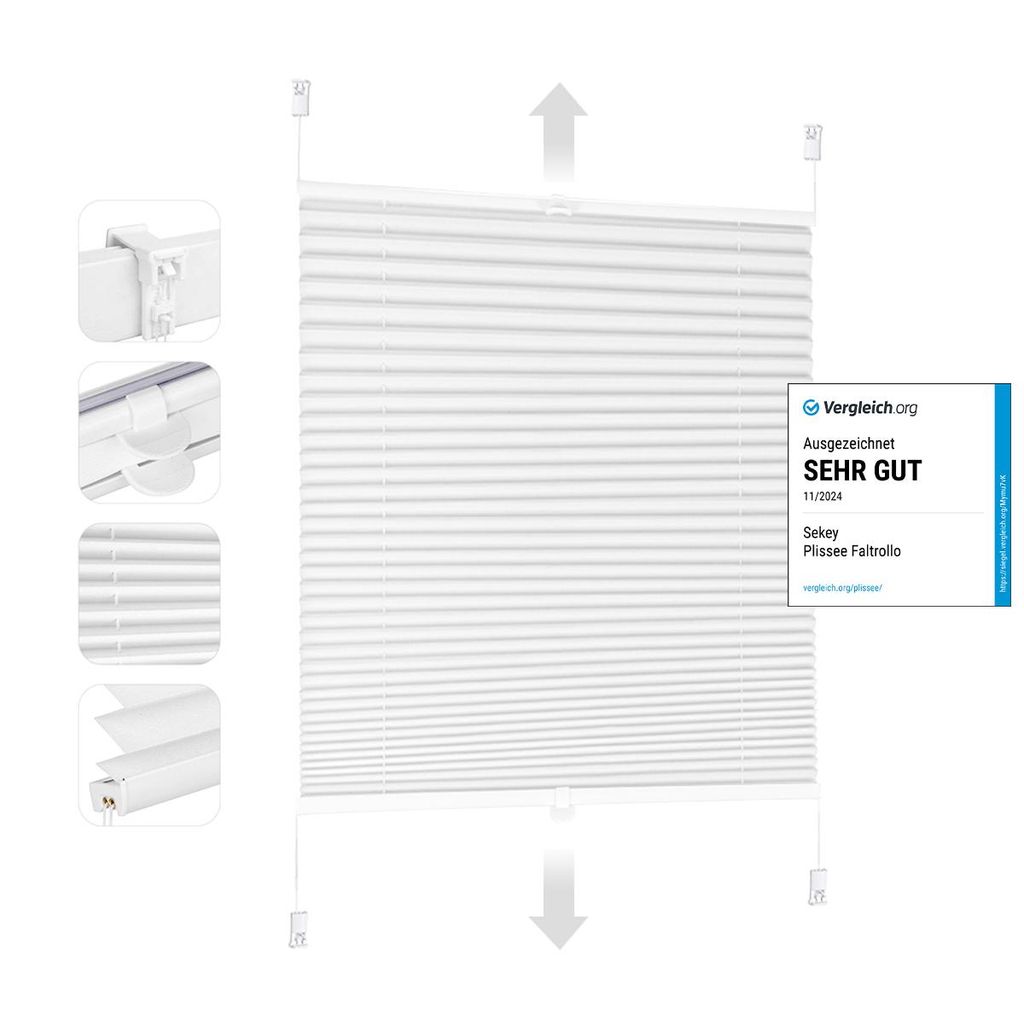 A white pleated blind (Rollo) is shown, with close-up insets on the left detailing its mounting mechanism and fabric texture. A review badge from 'Vergleich.org' is overlaid on the right.