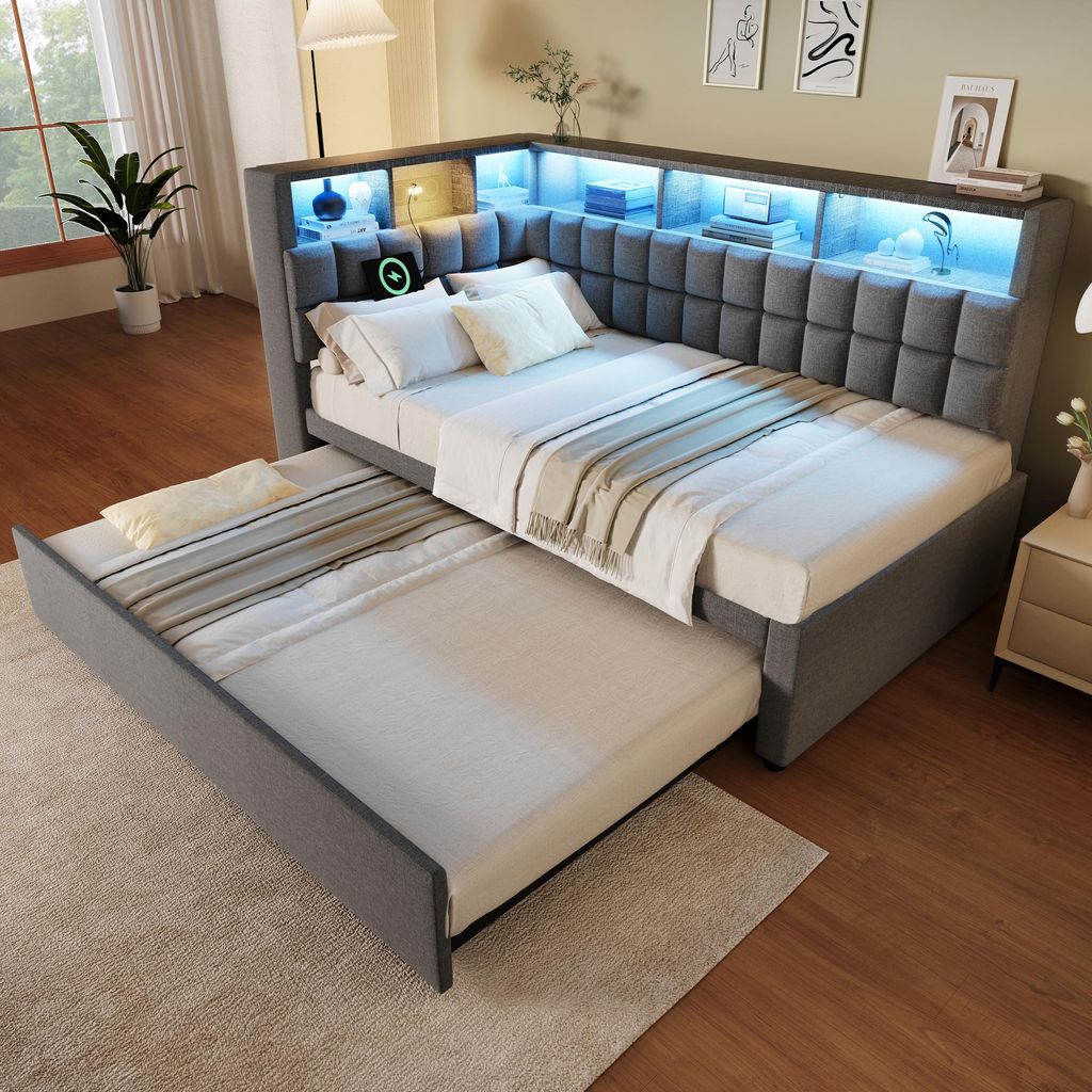 OKWISH Lit Gigogne 90x200 cm - Lit Capitonné Ado avec LED Image du produit 
