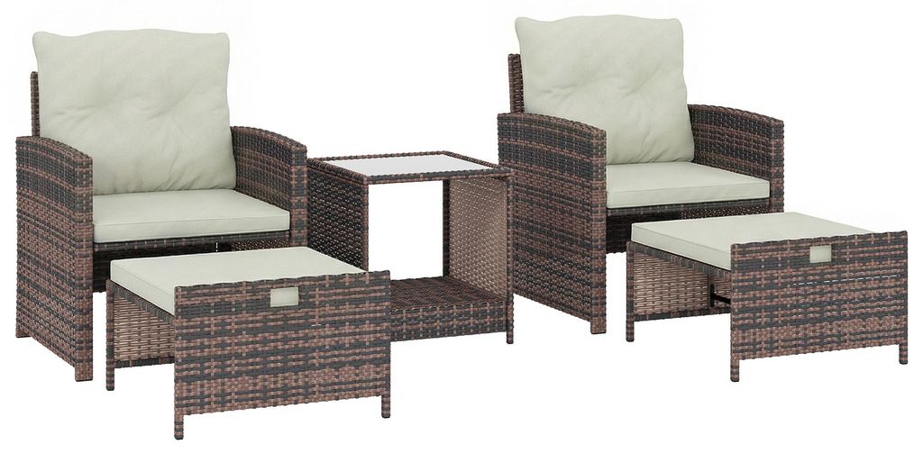 Rattan Gartenmöbel Set 5-teiliges Balkonmöbel Set mit 2 Stühle Kissen Hocker Tisch Staufach Cremeweiß