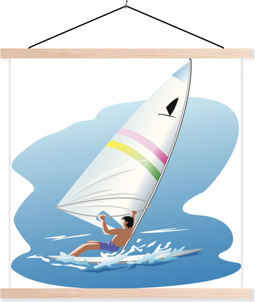 MuchoWow Textilposter Eine Illustration eines Windsurfers auf ruhigem Wasser 60x60 cm mit holzfarbenen Rahmen - Wanddekoration