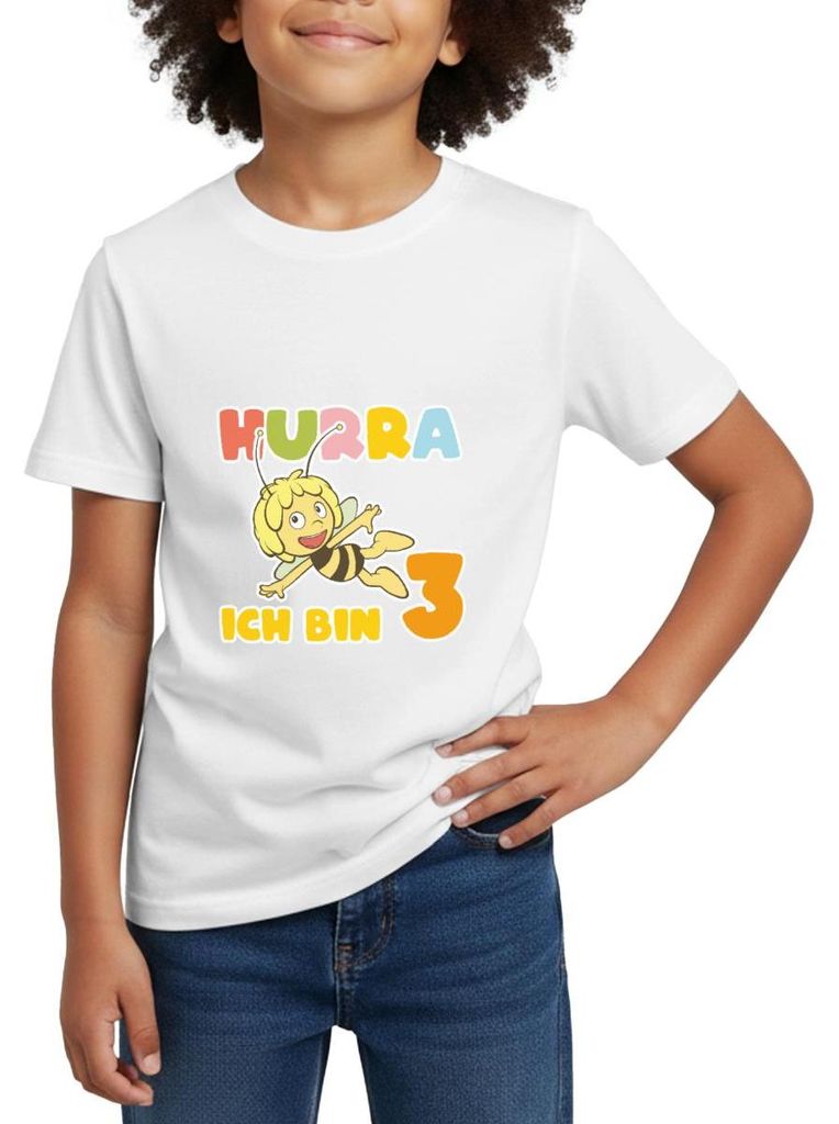 Spreadshirt Biene Maja Hurra Ich bin 3 Dritter Geburtstag Kinder T-Shirt, 110/116 (5-6 Jahre), Weiß