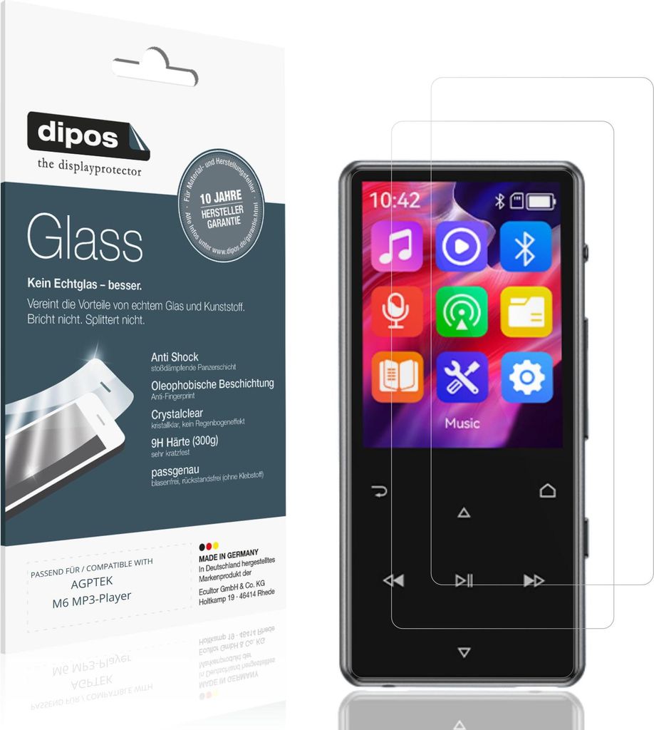 2x Schutzfolie für AGPTEK M6 MP3-Player - Anti-Shock 9H Folie dipos Glass Kunststoffglas