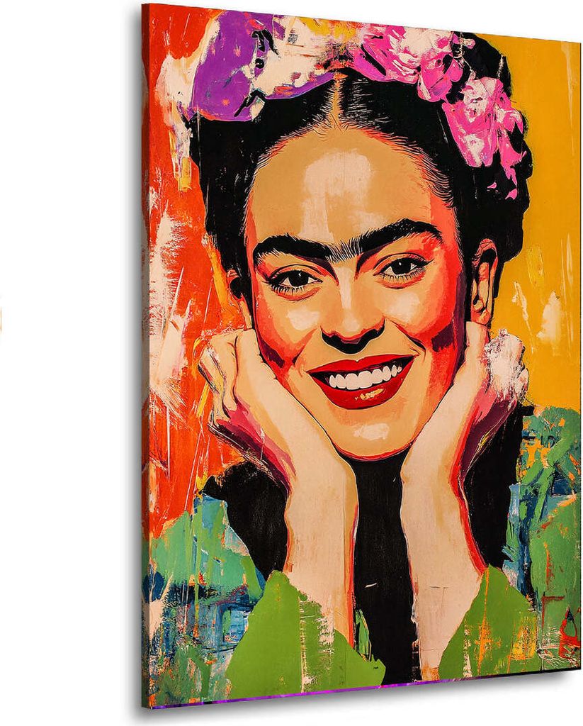 Frida im Porträt mit Blumen und lächelnd abstrakt Leinwandbild Wandbild Wanddeko: 75x100x4cm