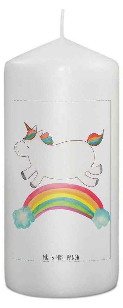 Mr. & Mrs. Panda Kerze Einhorn Regenbogen 15 x 7 cm - Weiß - Geschenk, Unicorn, Stumpenkerze, Wachskerze, Erinnerungslicht, Glitzer, Blockkerze, E...